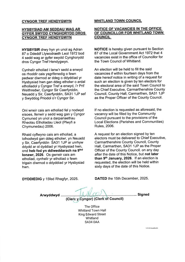 Notice of Vacancy - Whitland Town Council